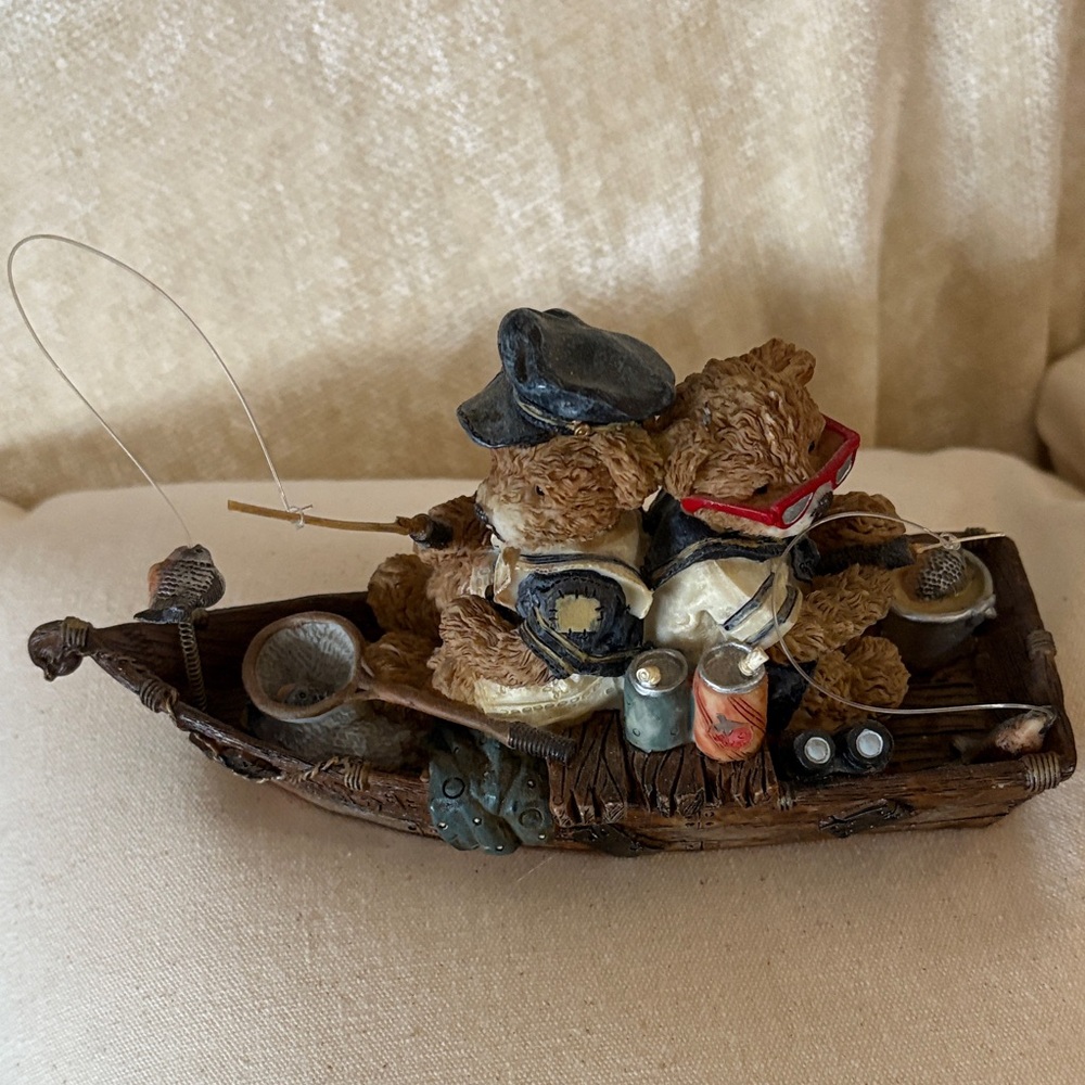 Whimsical Bear Fishing Sculpture in Brown and Black